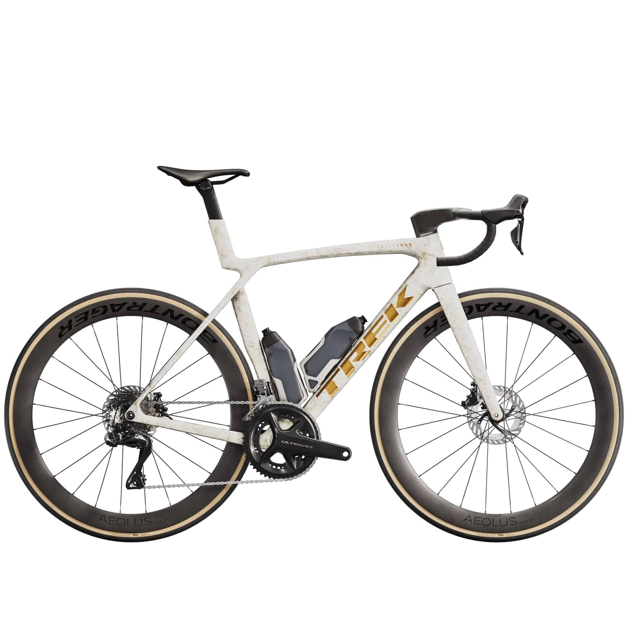 Trek Madone SLR 7 Gen 8 road bike with aero carbon frame and Shimano Ultegra Di2 gear shifters, shown from the side.