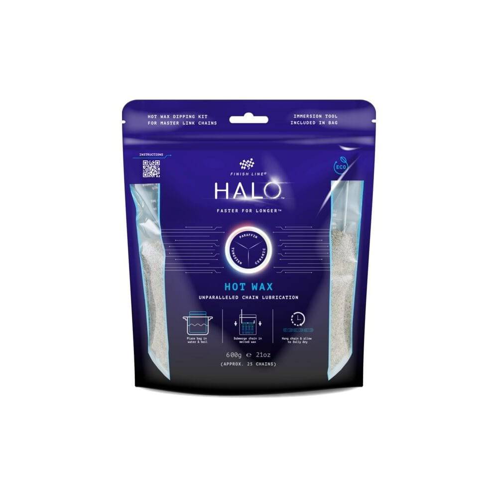Finish Line Halo Hot Wax bicycle chain lubricant melts in a granular form with double boil bag for workshop use.
