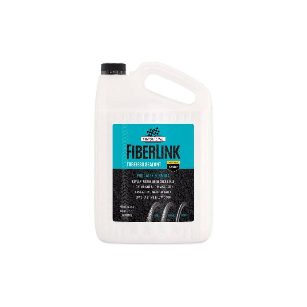 Finish Line FiberLink tubeless tire sealant with Kevlar fibers in a 1-gallon container, used for bicycle tire maintenance.