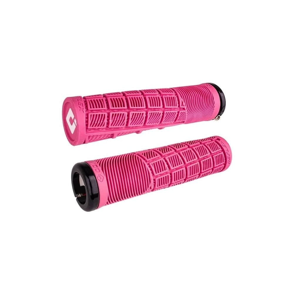 ODI Reflex MTB lock-on grips with ergonomic design for mountain bike handlebars, featuring textured rubber for a secure grip.
