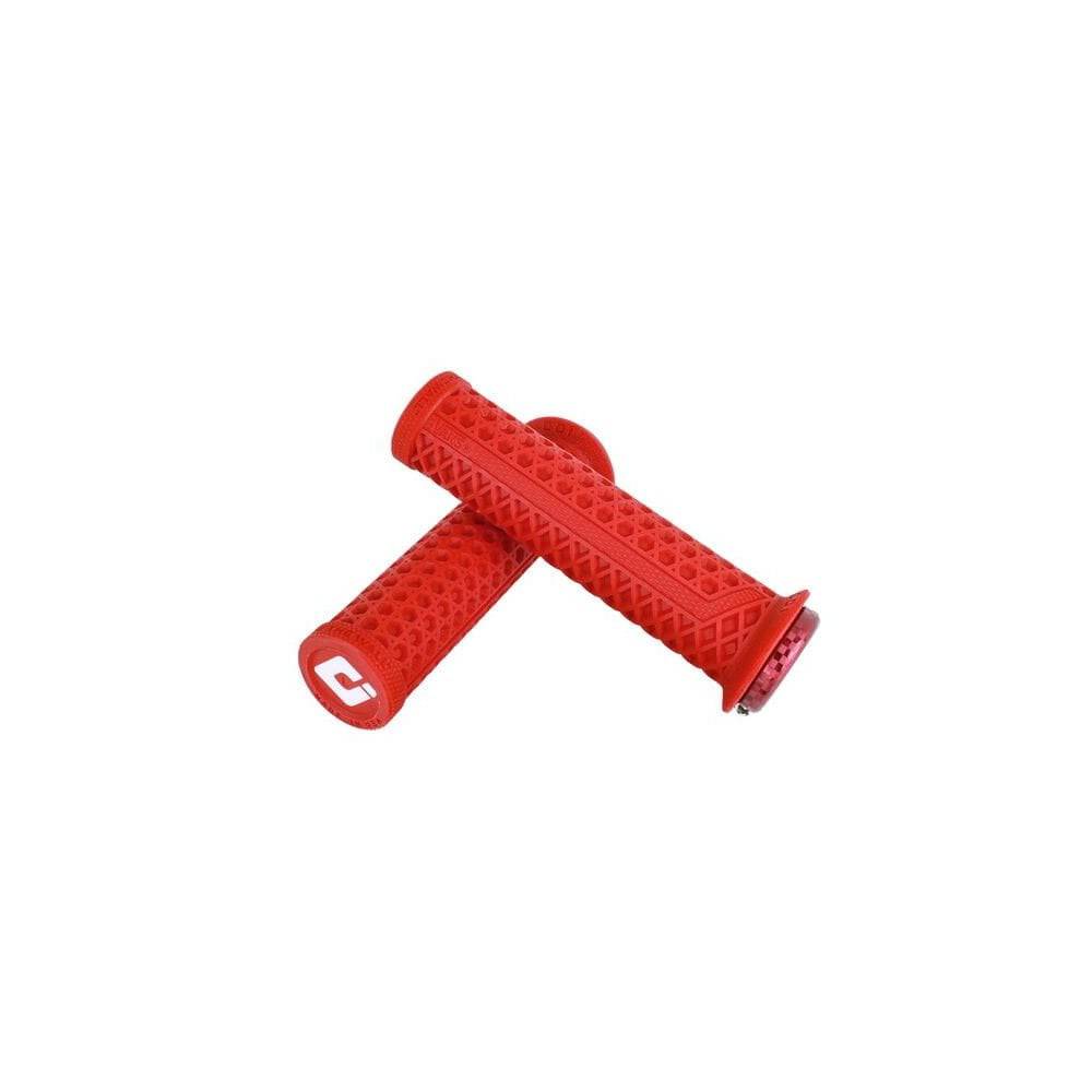 ODI Vans V2.1 MTB lock-on grips with single-clamp system on mountain bike handlebar, featuring textured rubber for grip and control.