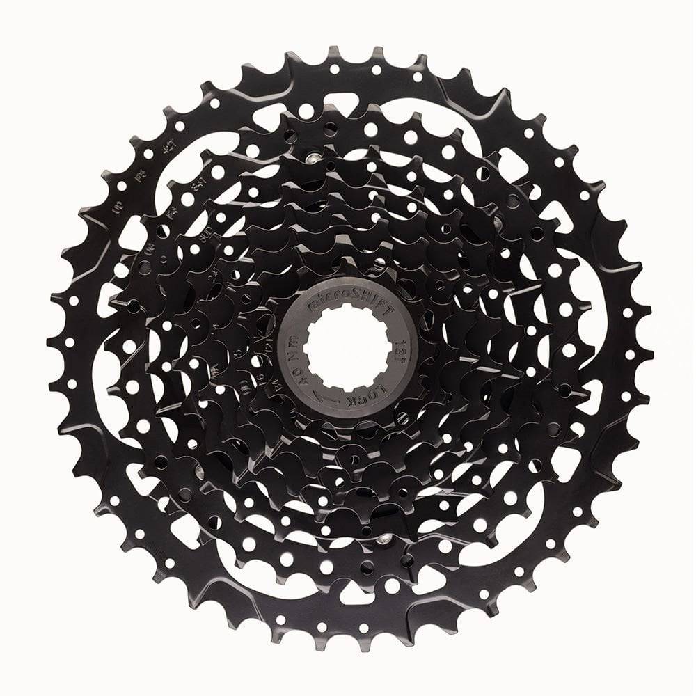 MicroSHIFT Acolyte H-Series 8-speed cassette for HG freehub, showing durable alloy construction and gear teeth details.