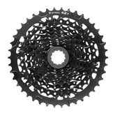 MicroSHIFT Advent H-Series 9-speed alloy cassette with 11-42T gears for HG hubs, shown on a bike wheel.