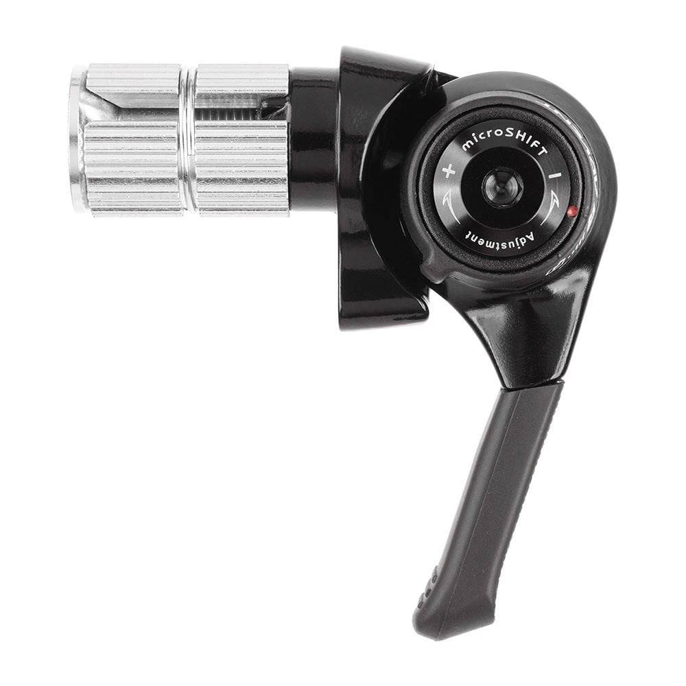 MicroSHIFT MTB bar end shifters for road bikes, featuring adjustable tension and switchable index and friction modes.