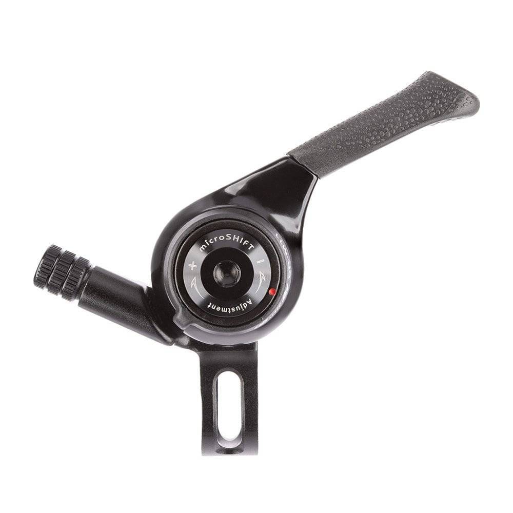 MicroSHIFT MTB thumb shifters with CNC aluminum construction, 22.2mm bar clamp, designed for mountain bike component upgrades.
