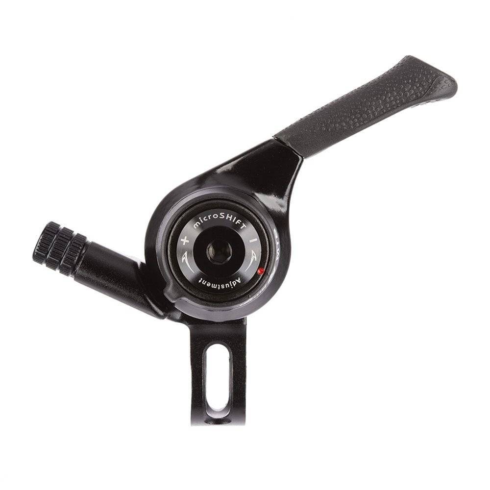 MicroSHIFT MTB thumb shifters for 22.2mm handlebars, featuring indexed and friction gear shifting modes.