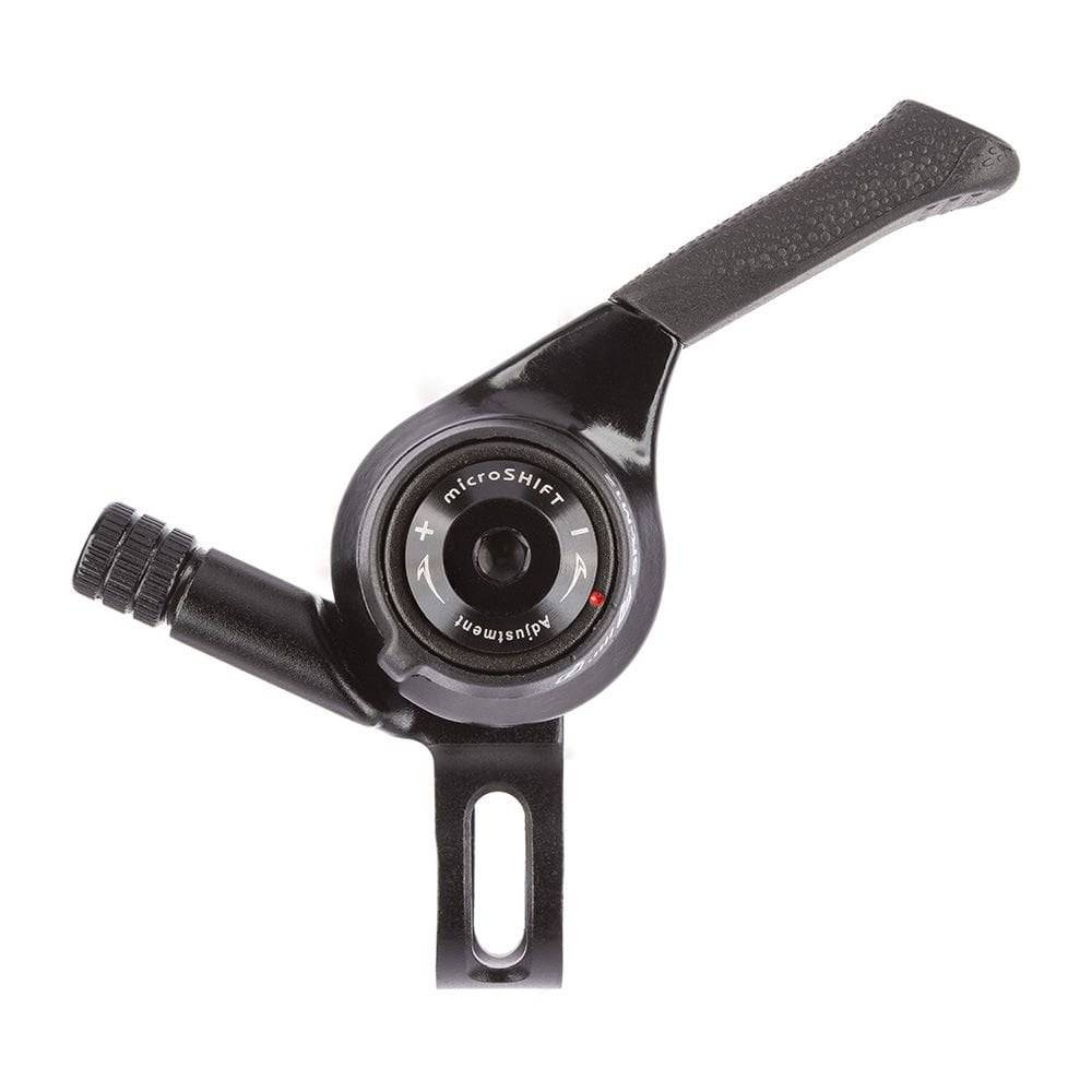 MicroSHIFT MTB thumb shifters for mountain bikes with indexed and friction modes, showing the ergonomic design and gear indicators.