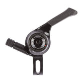 MicroSHIFT MTB thumb shifters for mountain bikes, featuring indexed and friction modes, mounted on handlebar with gear cables.