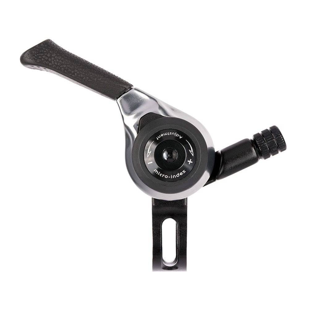 MicroSHIFT MTB thumb shifters with CNC aluminum body, 22.2mm bar clamp, friction mode, designed for mountain bike components.