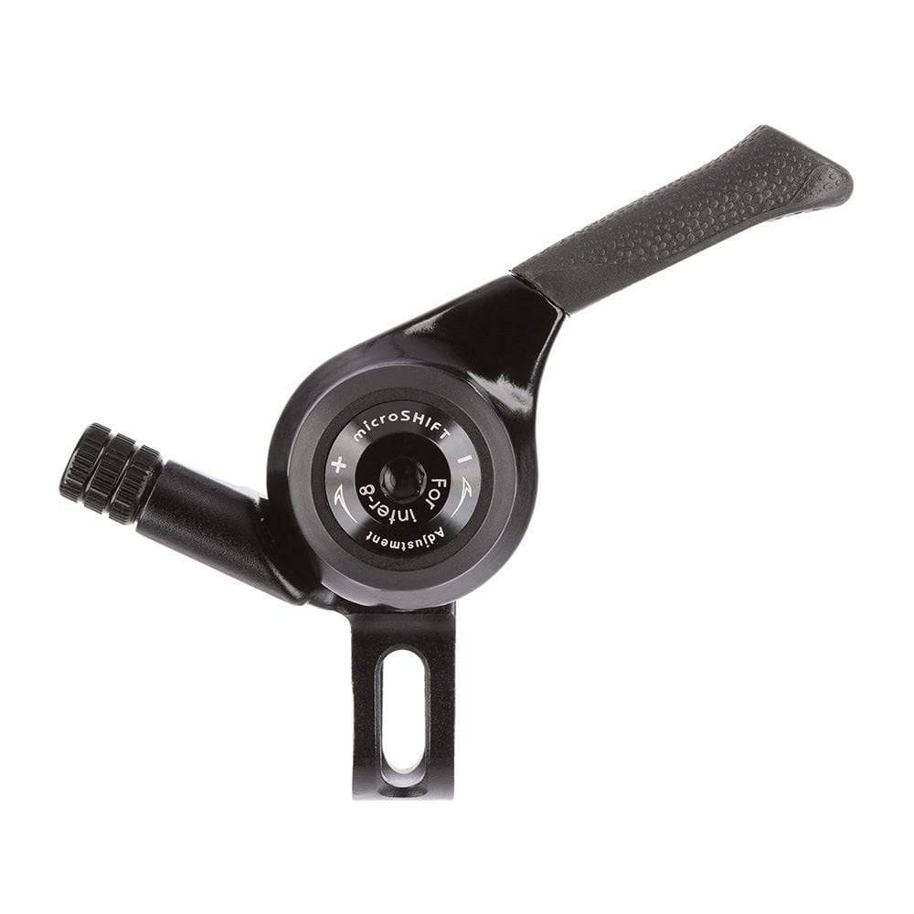 MicroSHIFT thumb shifter for Alfine and Nexus 8-speed MTB bikes, featuring adjustable torque bolt and ergonomic design.