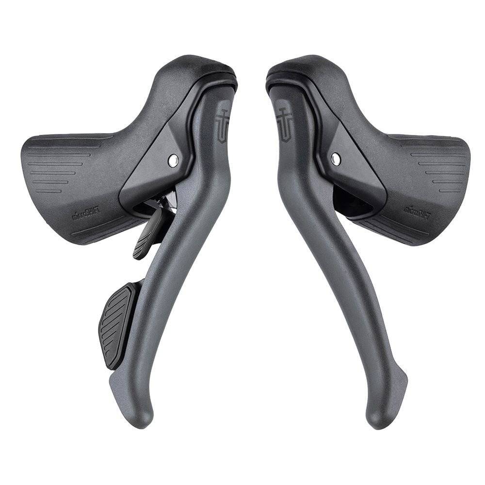 MicroSHIFT Sword 10-speed drop bar gravel shifters with mechanical disc brake levers, designed for rugged cycling components.