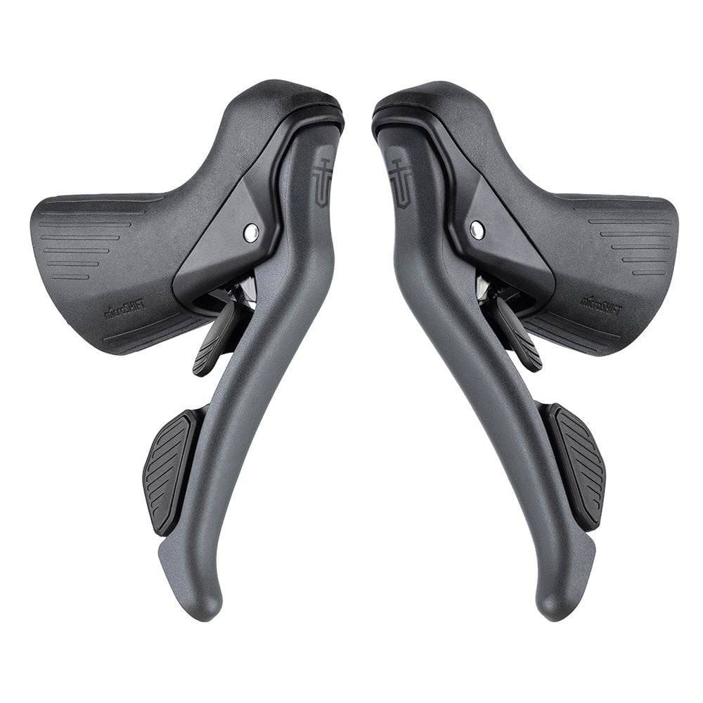 MicroSHIFT Sword 10-speed drop bar gravel shifters for mechanical disc brakes, shown on bike handlebar with gear and brake levers.