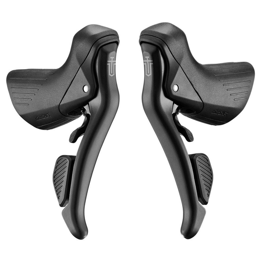 MicroSHIFT Sword black drop bar gravel shifters with 1x and 2x mechanical disc brakes, designed for bike components.