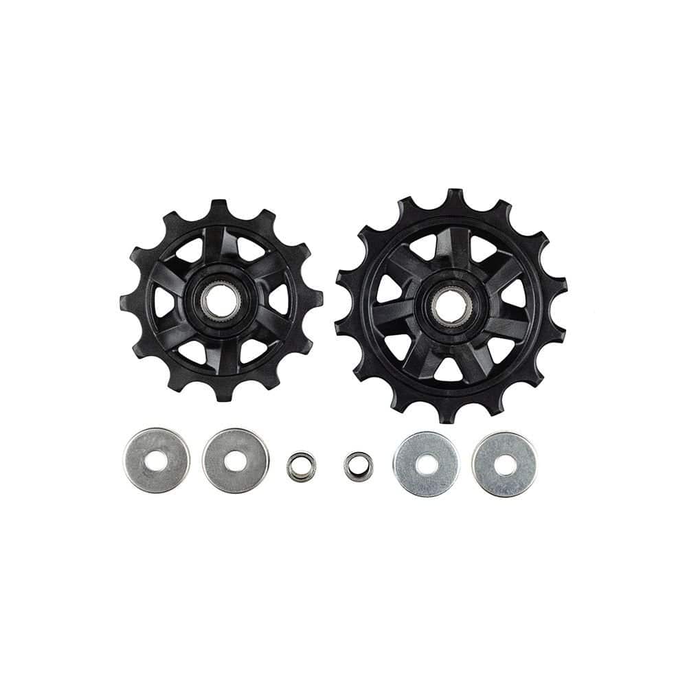 MicroSHIFT R8-R10 rear derailleur jockey wheels pulley kit for smooth shifting, close-up of component parts.