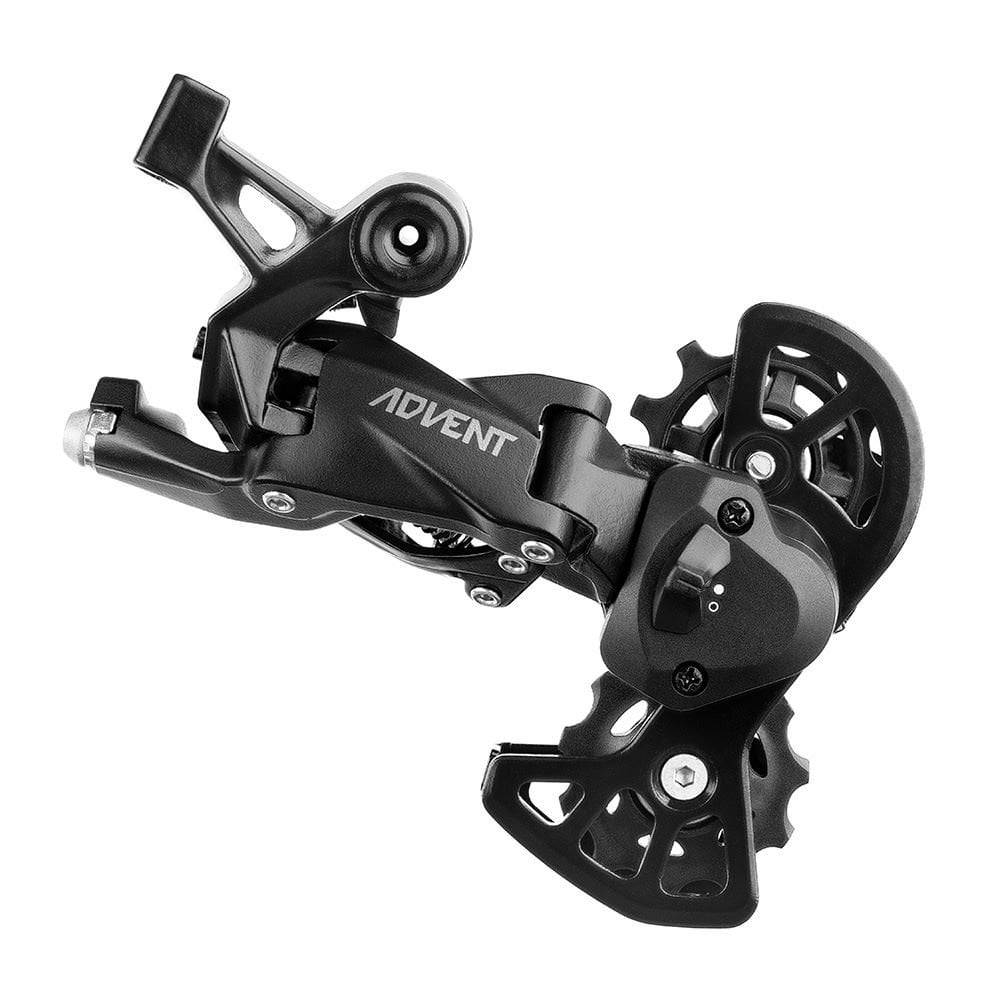 MicroSHIFT Advent clutch rear derailleur for 9-speed mountain bikes, designed for trail riding and smooth gear shifting.