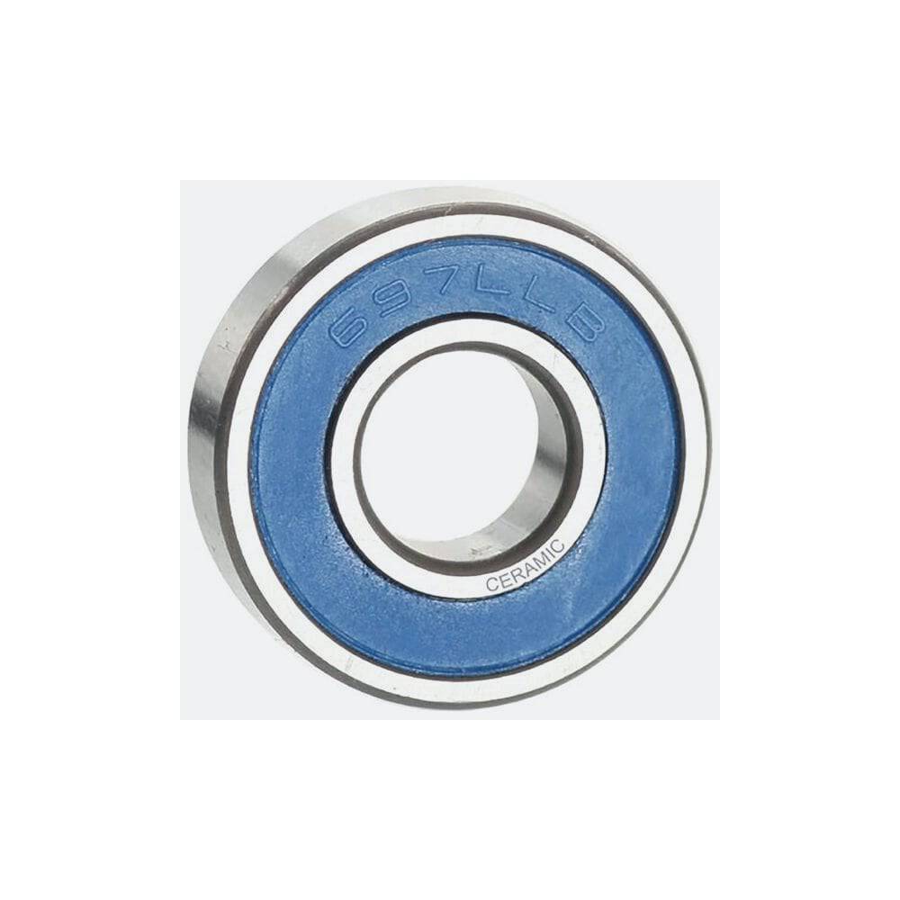 M Part ceramic bearing 697 LLB for bicycle hubs, showing the durable 7x17x5 component with smooth metal and ceramic parts.