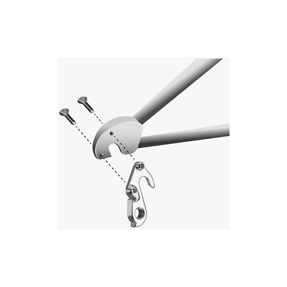 M Part gear hanger for Focus bikes, durable frame protection component, shown attached to bike frame in a close-up image.