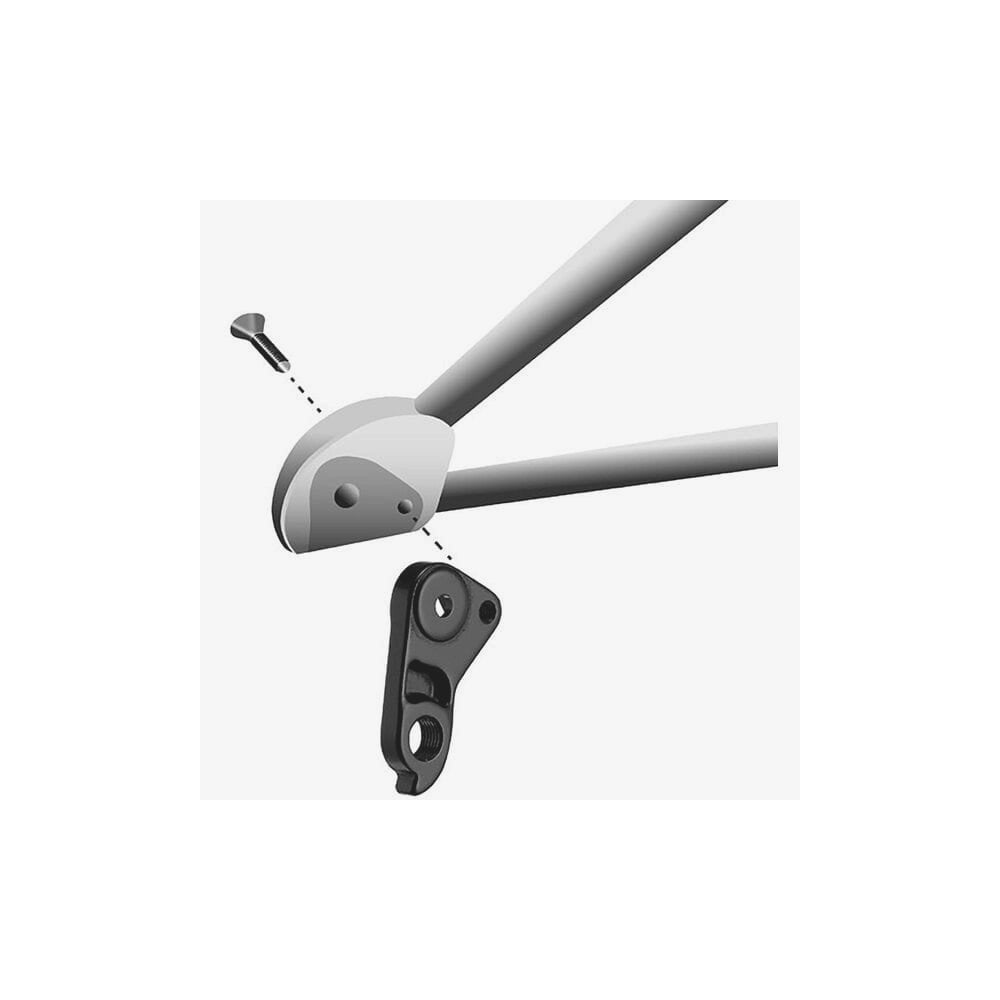 M Part gear hanger for bike frame protection and replacement, showing the durable metal component with mounting holes.