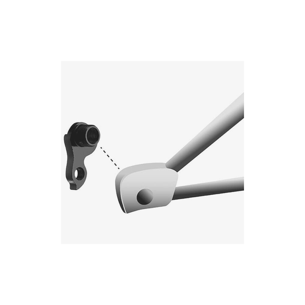 M Part Trek Gear Hanger for bike frame protection and smooth shifting, shown mounted on a bicycle frame.