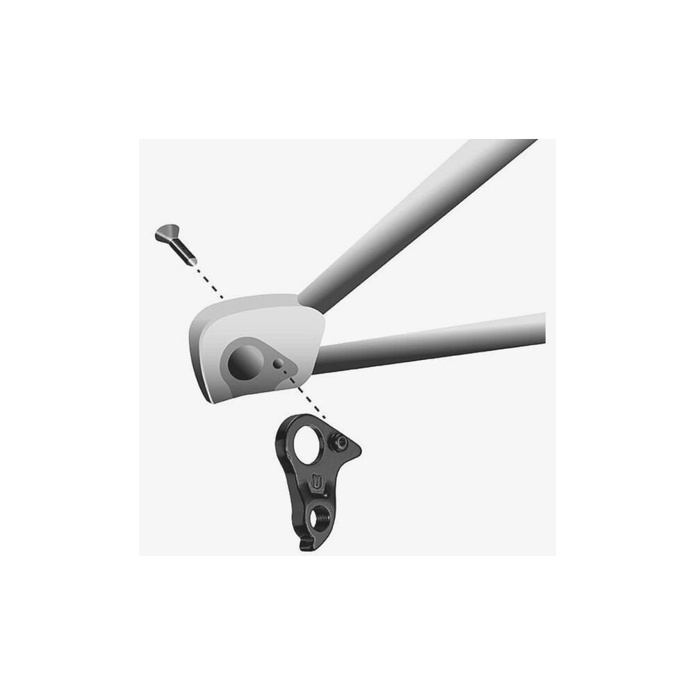 Black alloy gear hanger by M Part, durable bike frame protector component, shown attached to a bike frame.
