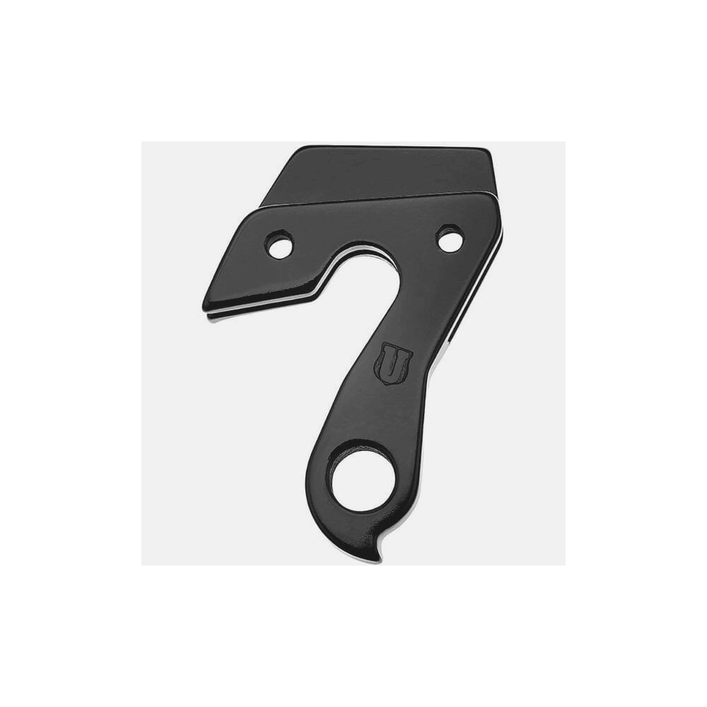 Black alloy M Part Bergamont gear hanger bike frame protector attached to a bicycle frame. Durable component for bike maintenance.