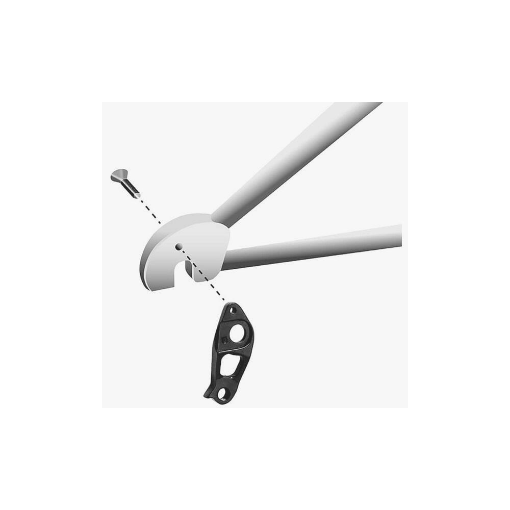 Durable M Part gear hanger for bike frame replacement, close-up of black metal component on a bicycle.