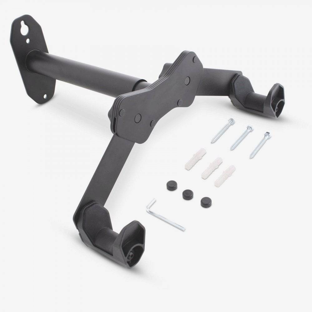 M Part wall-mounted horizontal bike rack with adjustable hooks and extension arm, designed for secure bike storage.