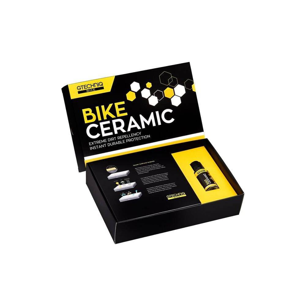 Gtechniq Bike Ceramic Kit in workshop setting, showcasing durable 24-month protective coating for motorcycles and bikes.