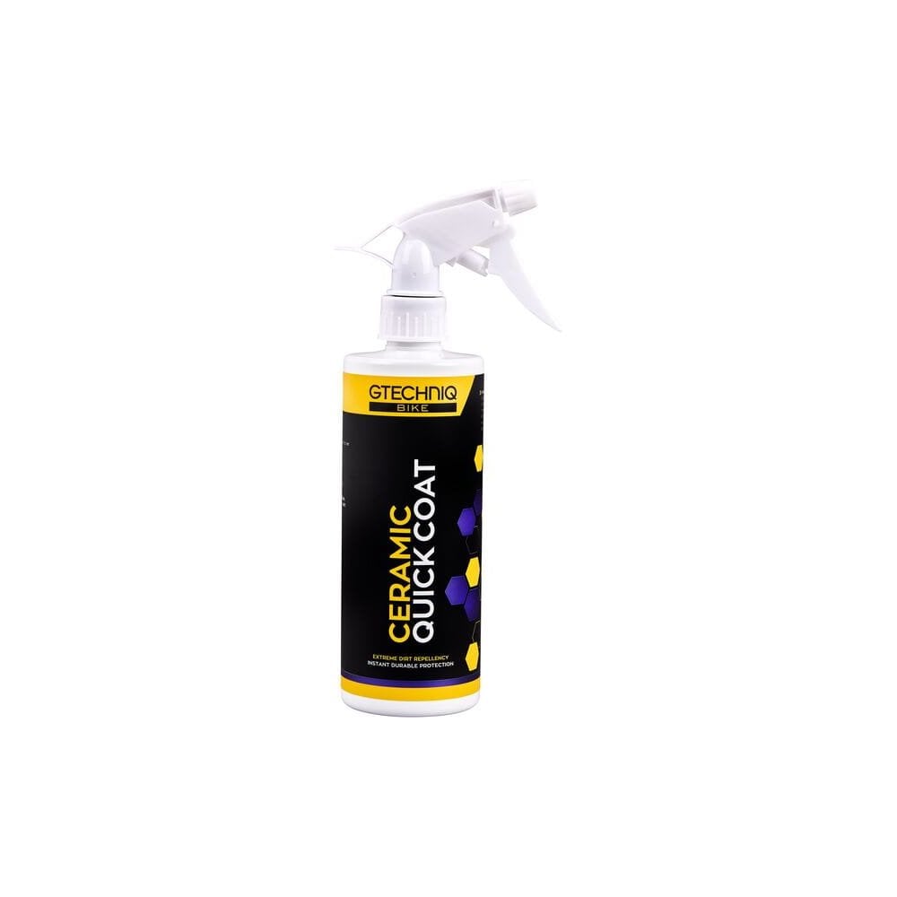 Gtechniq Bike Ceramic Quick Coat bottle with product label showing, long-lasting SiO2 protection and glossy finish for bikes.