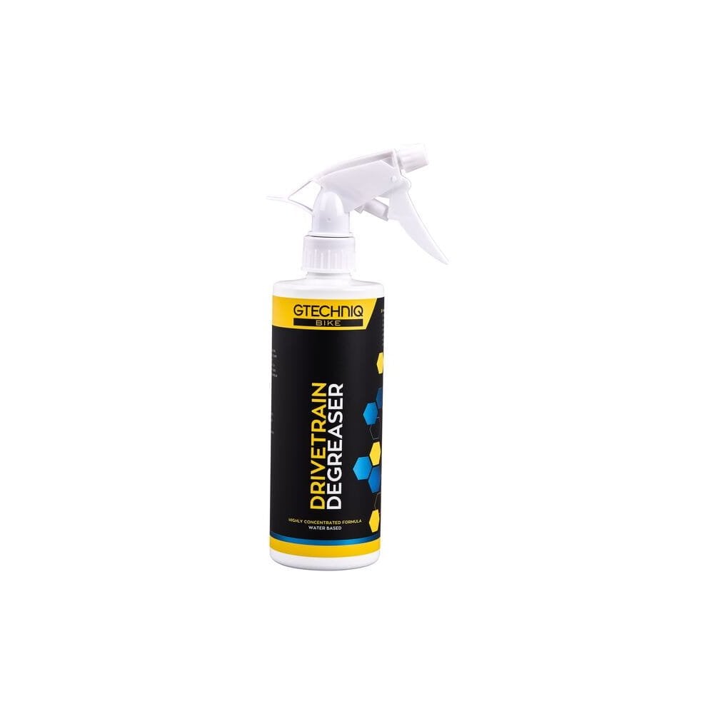 Gtechniq Bike Drivetrain Degreaser in a workshop setting, biodegradable cleaner for bike chains and cassettes.