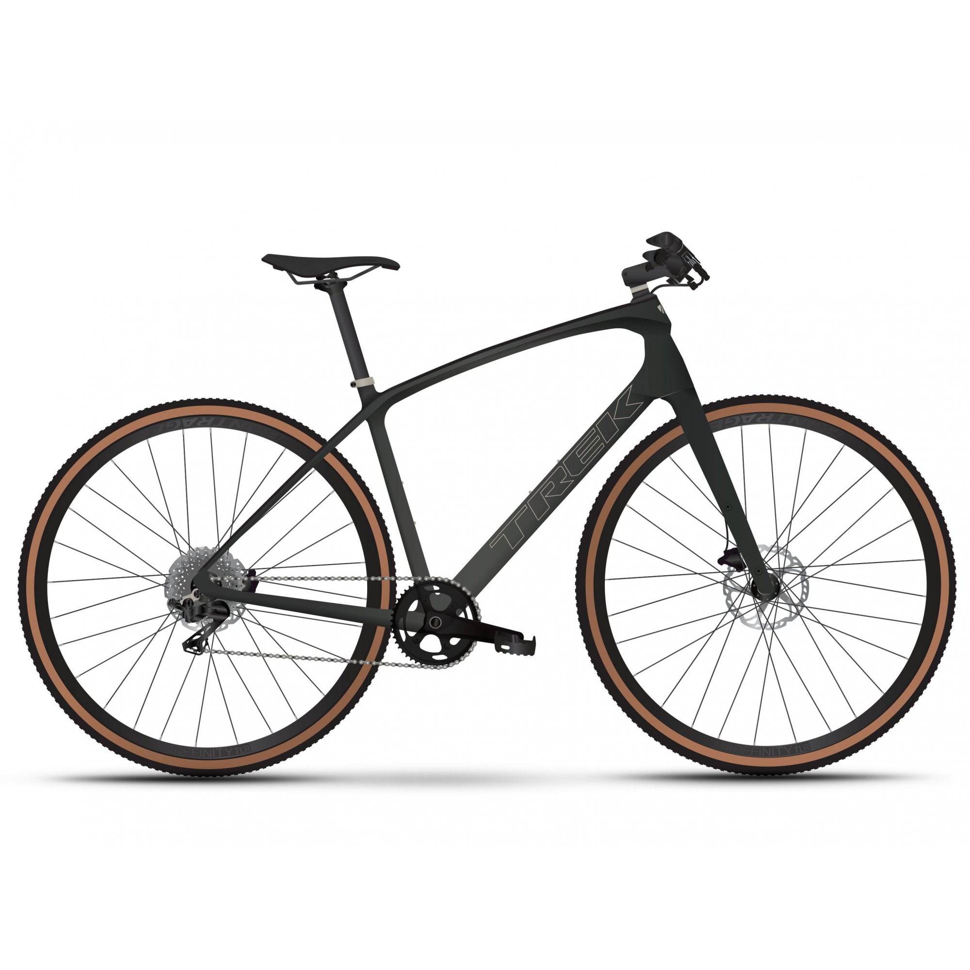 Trek FX Sport 5 hybrid bike featuring SRAM Apex drivetrain and hydraulic disc brakes, front view with black frame and ergonomic handlebars.