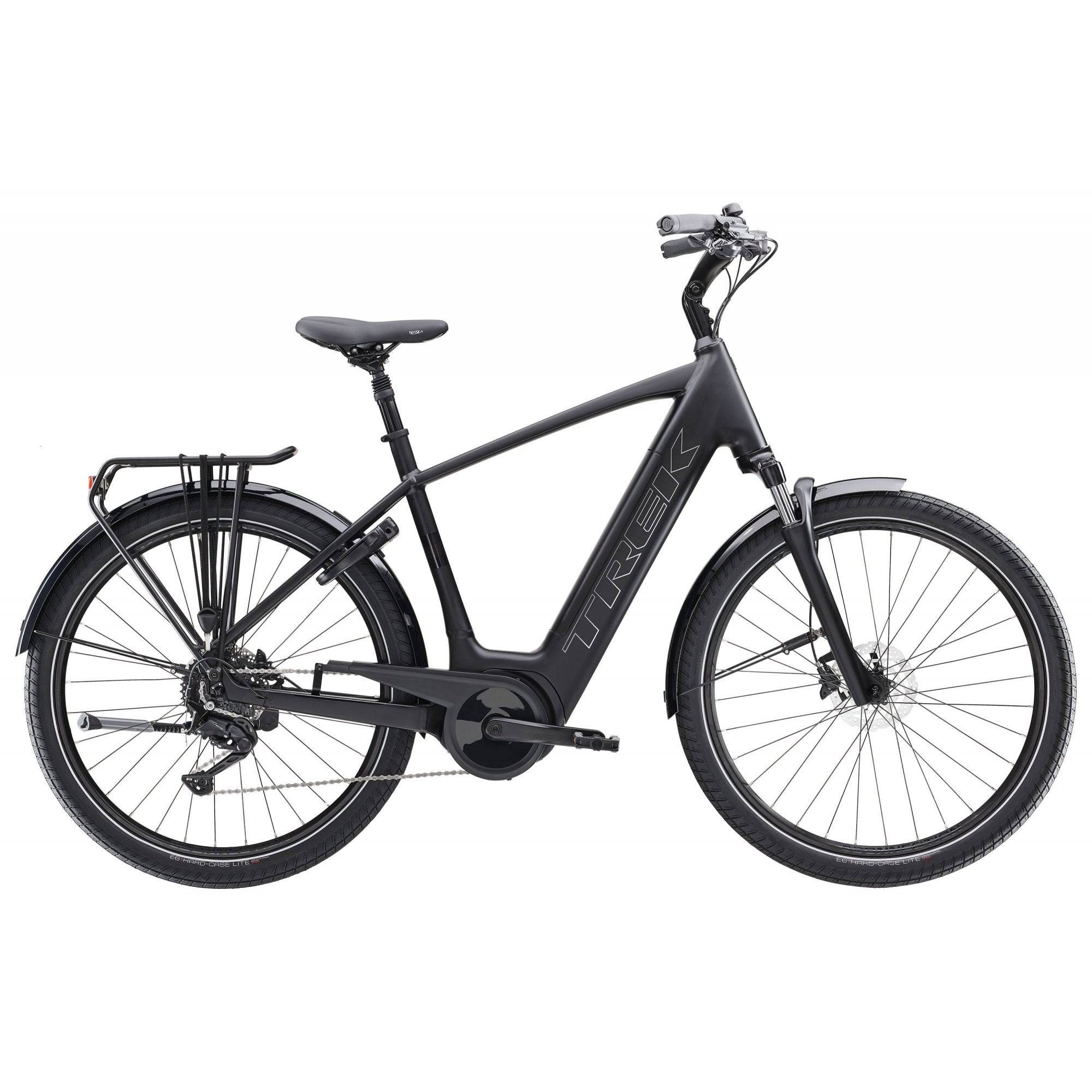 Trek Verve+ 3 electric hybrid bike with Bosch pedal-assist, smart connectivity, black frame, and ergonomic design.