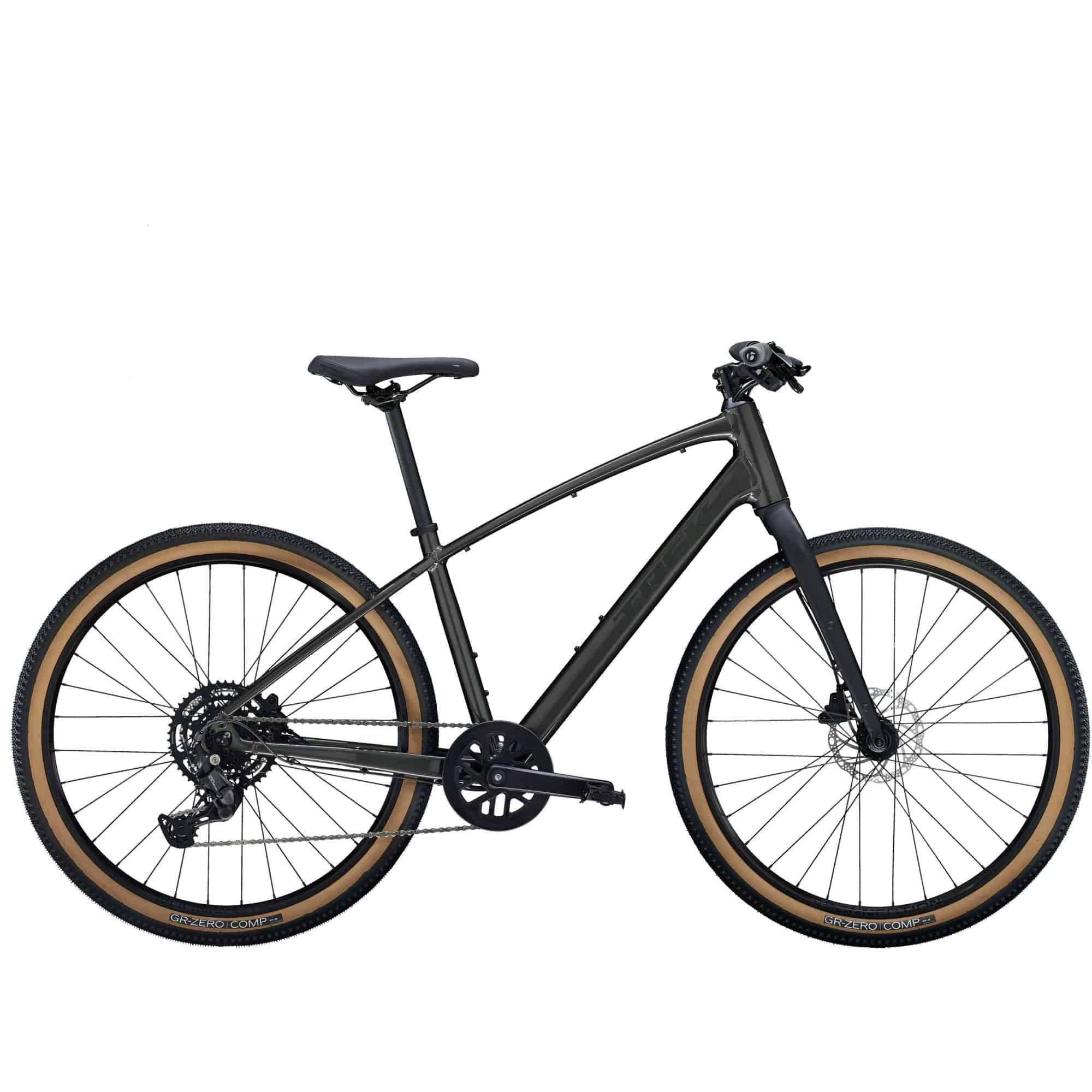 Trek Dual Sport 2 hybrid bike with Shimano 9-speed gears and hydraulic disc brakes, shown with a sleek frame and knobby tires.