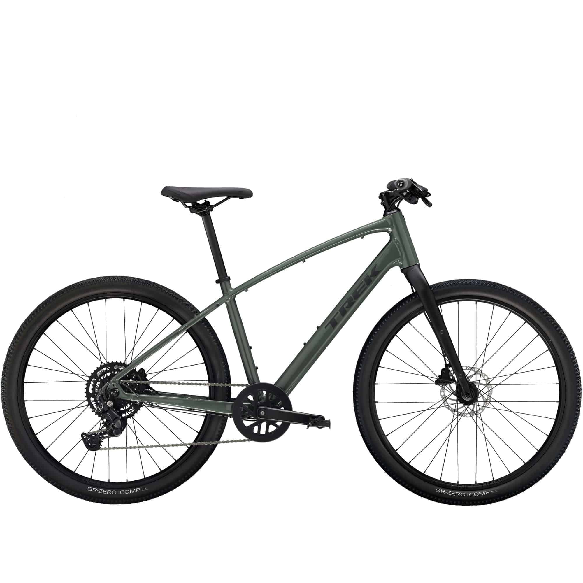 Trek Dual Sport 2 hybrid bike with Shimano 9-speed gears and hydraulic disc brakes, suitable for urban and off-road riding.