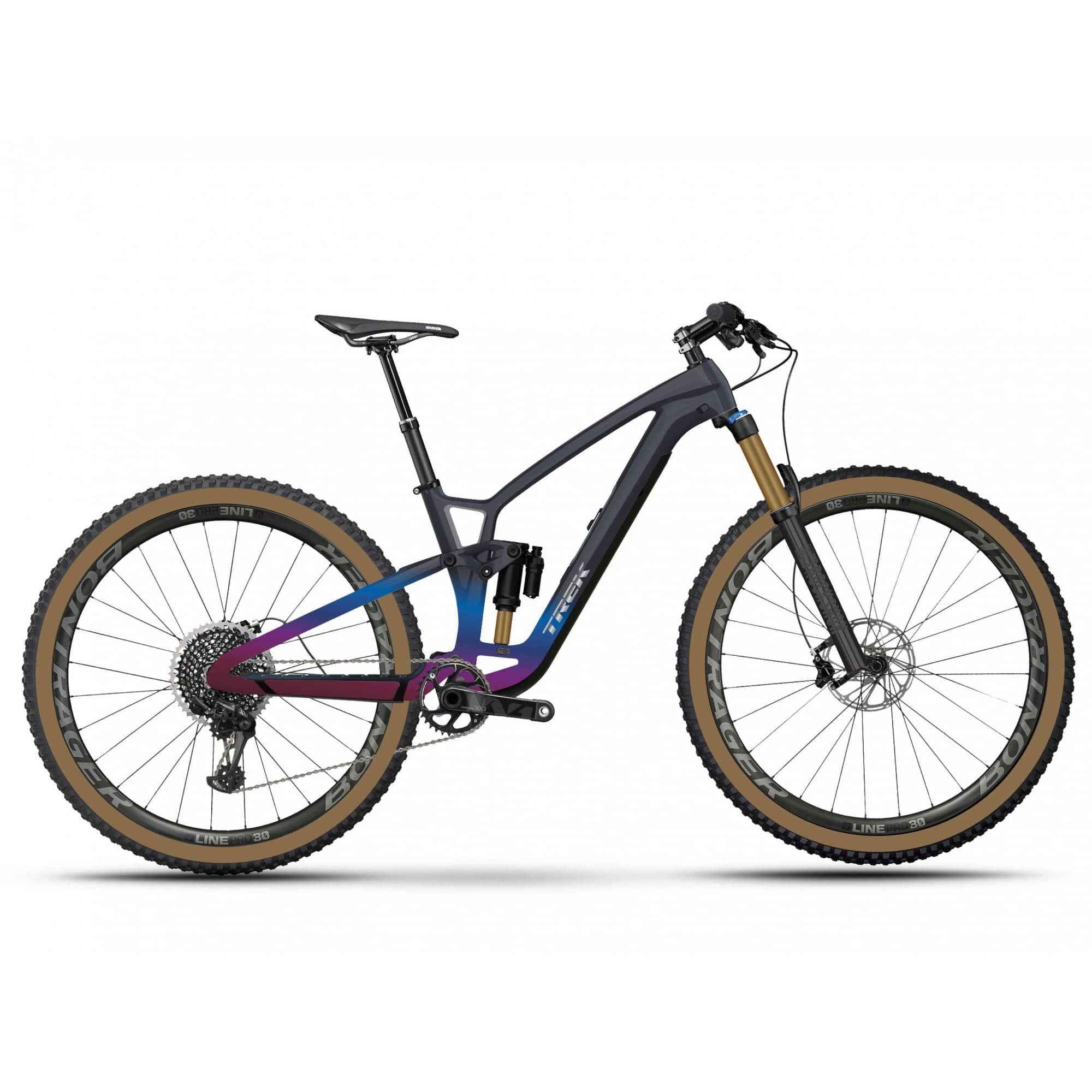 Trek Fuel EX 9.8 XT mountain bike with carbon frame and Shimano Deore XT drivetrain, ready for trail riding.