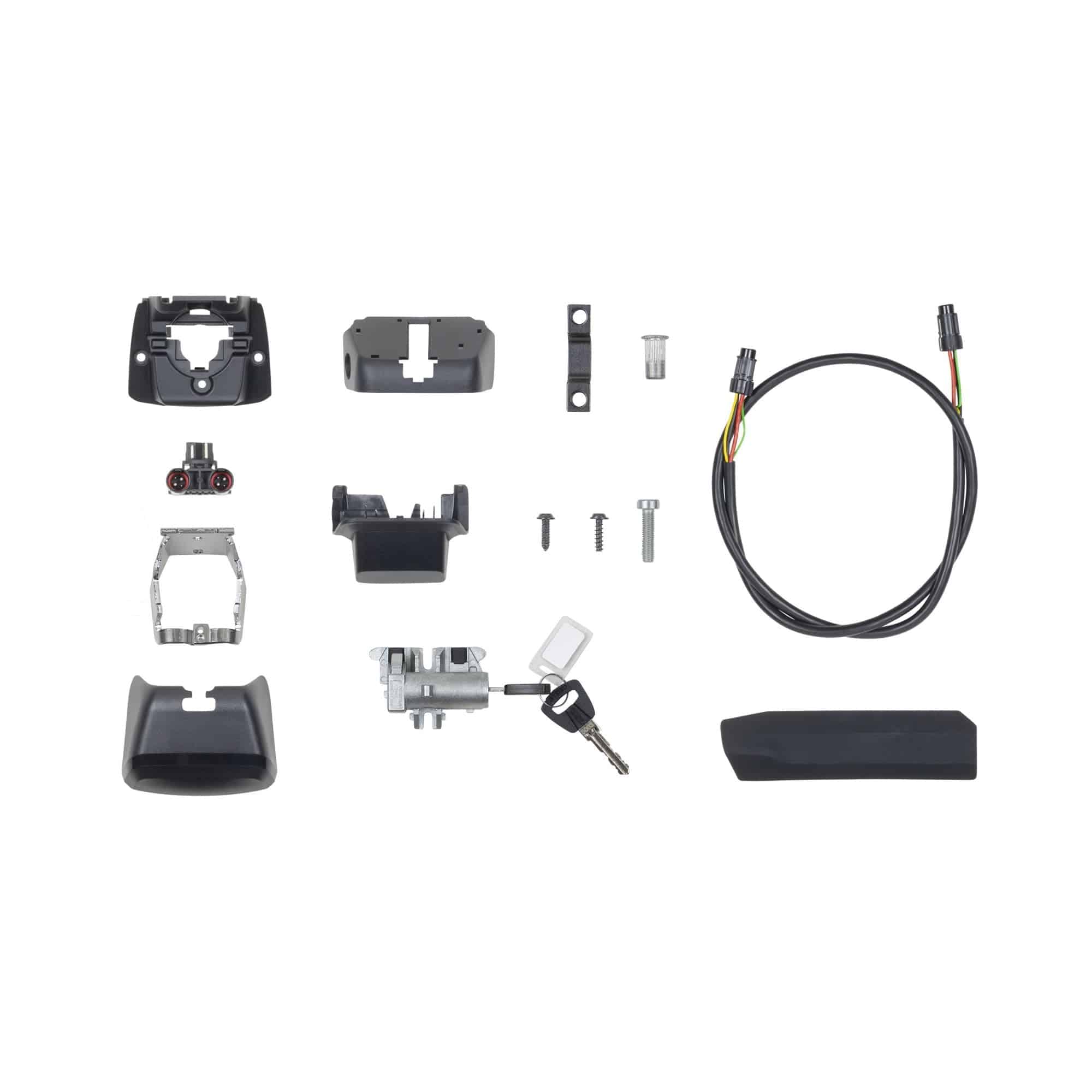Black Trek Fetch+2 Range Extender Mounting Kit for e-bikes, universal fit, showing mounting hardware and components.