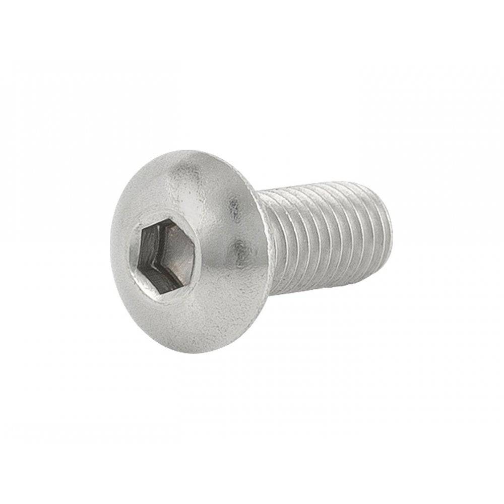 Trek M5x0.8mm silver button head cap screw, 12mm length, for bicycle frames and accessories, close-up of screw head.