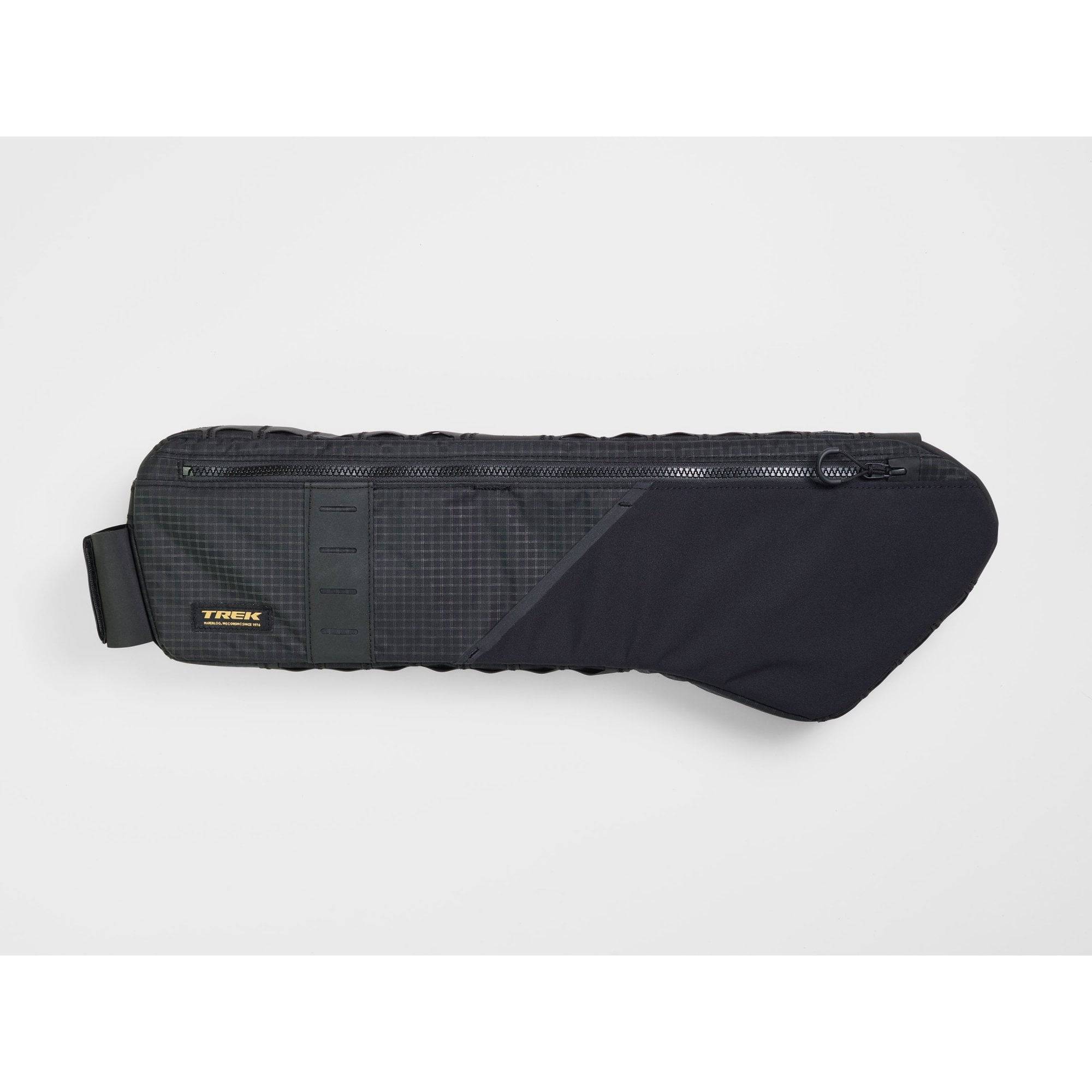 Trek bike packing adventure frame bag attached to a bicycle frame, durable cycling storage accessory for long-distance riding.
