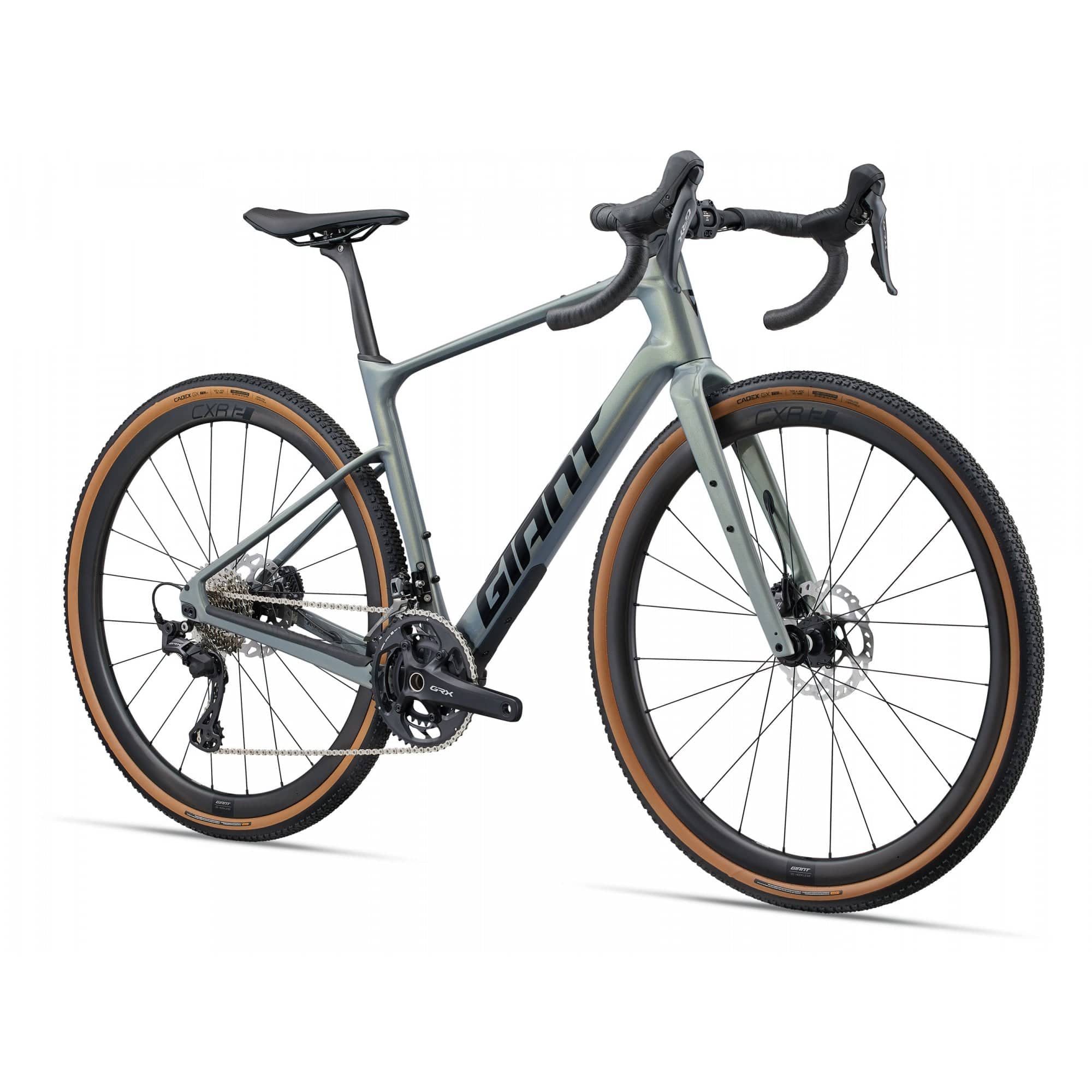 Giant Revolt Advanced 0 gravel bike with adjustable wheelbase and integrated storage, shown in a side view.