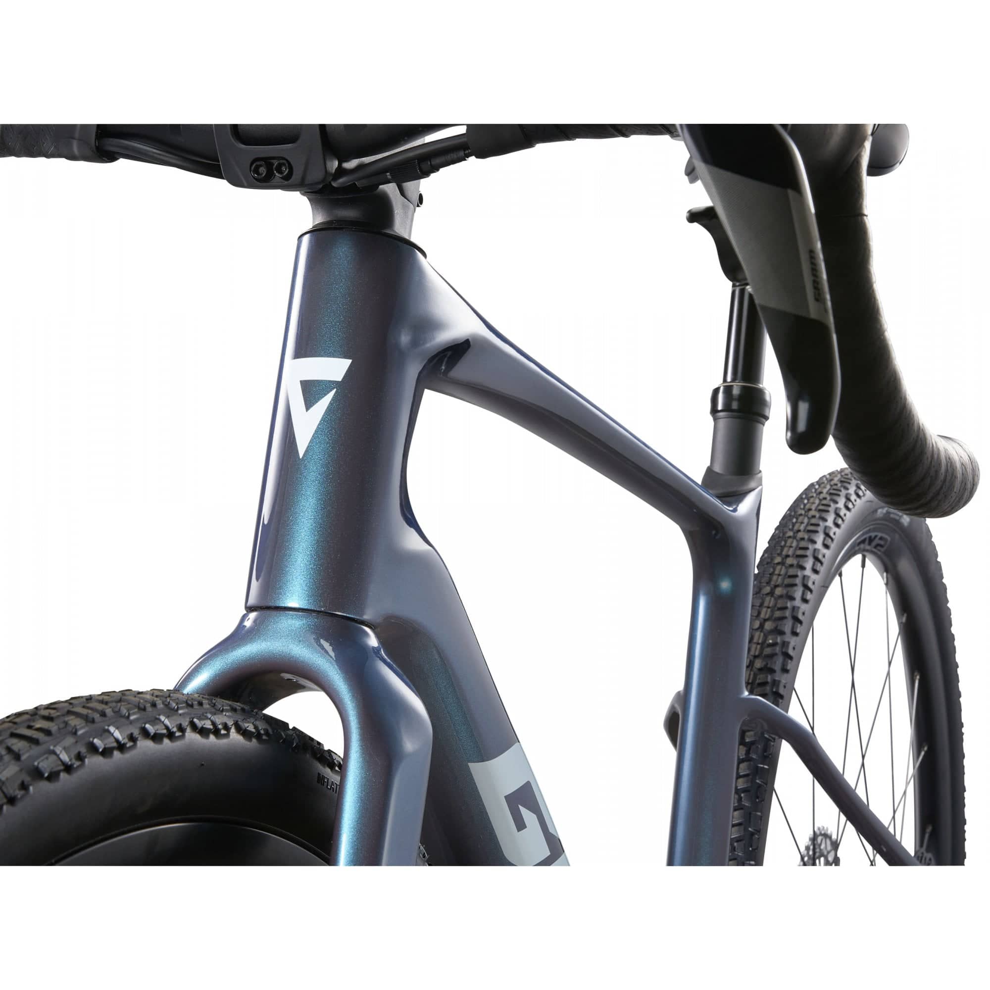 Giant Revolt Advanced 1 gravel bike with adjustable wheelbase and integrated storage compartment, black and gray frame, outdoor setting