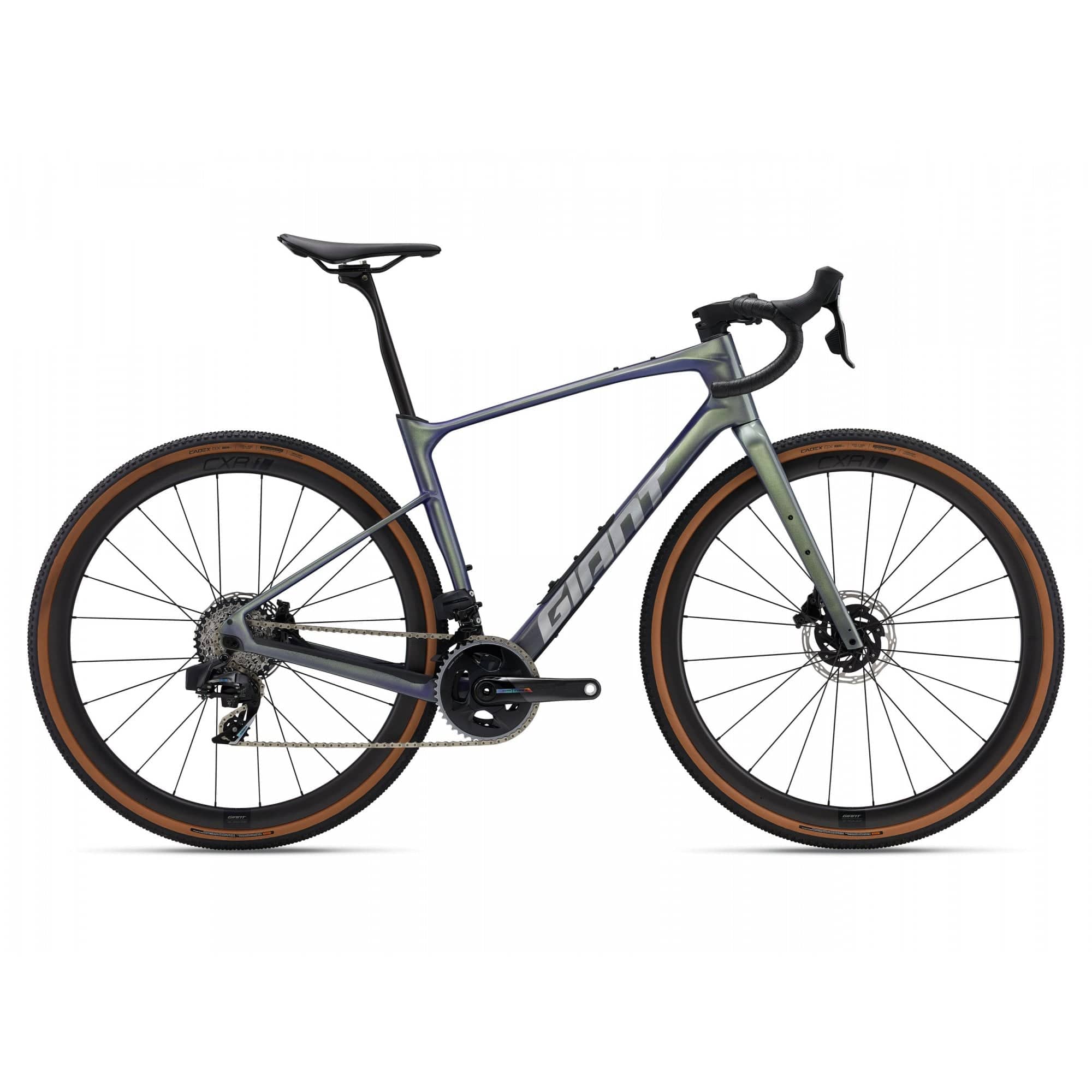 Giant Revolt Advanced Pro 0 gravel bike with customizable wheelbase and integrated storage, shown in a side view.
