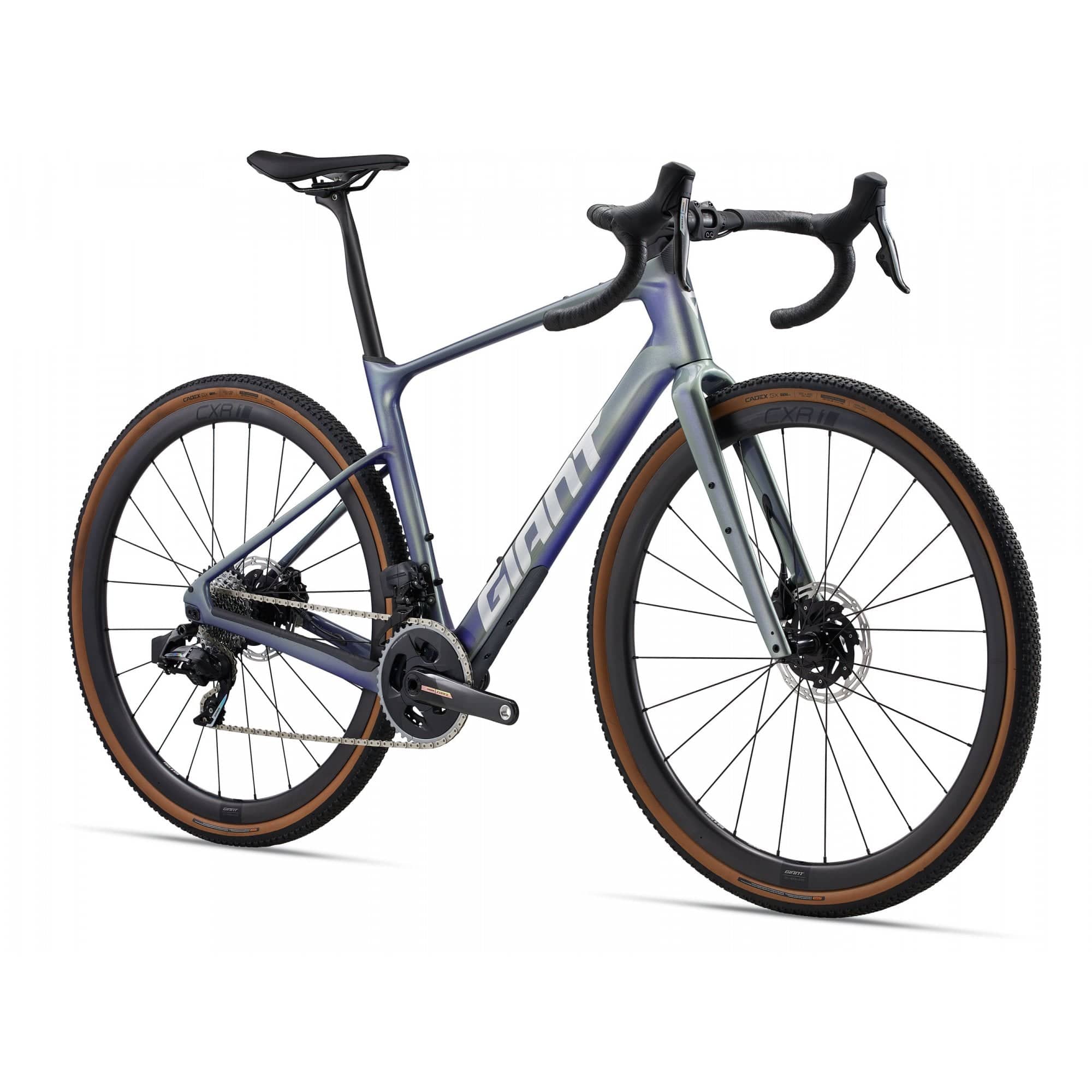 Giant Revolt Advanced Pro 0 gravel bike with customizable wheelbase and integrated storage, shown from side view.