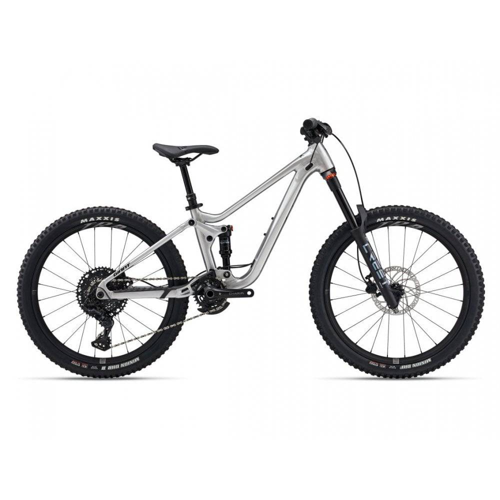 Giant Faith 24 youth mountain bike with suspension and dropper seatpost, featuring durable frame and knobby tires for trail riding.