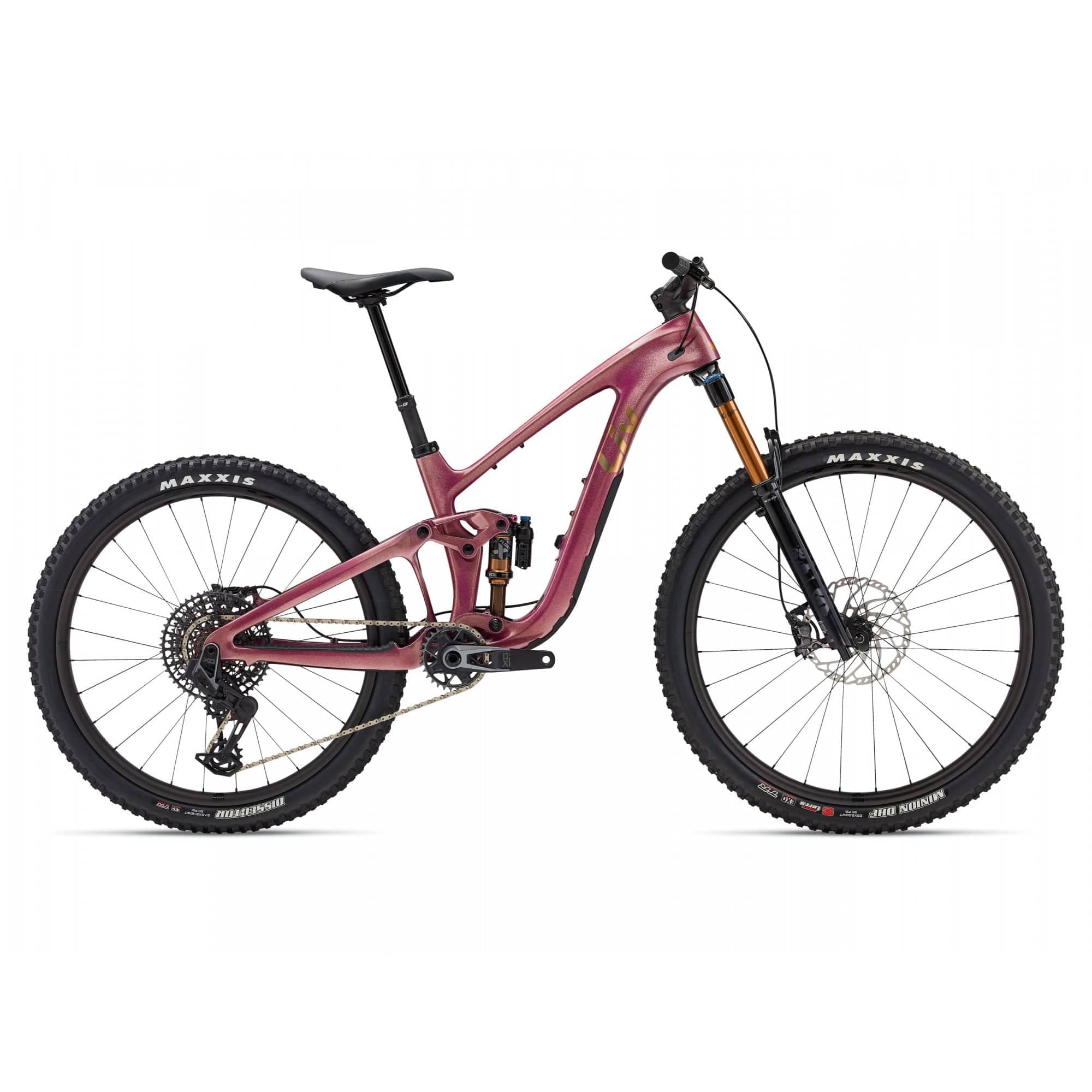 Liv Intrigue X Advanced 0 mountain bike with adjustable geometry and suspension system, shown in a scenic outdoor setting.