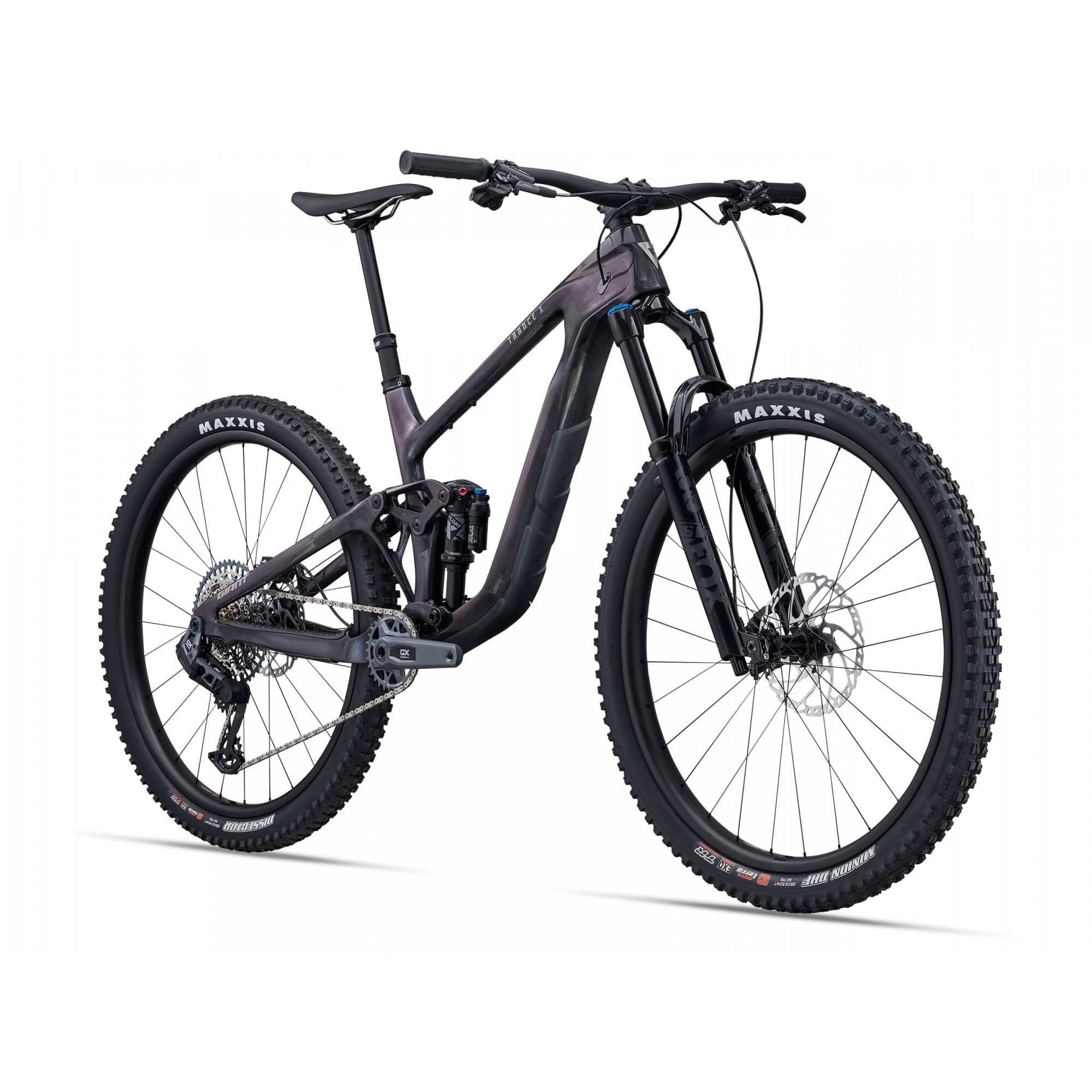 Giant Trance X Advanced 1 mountain bike with Maestro suspension and 29-inch wheels, shown on rugged trail terrain.