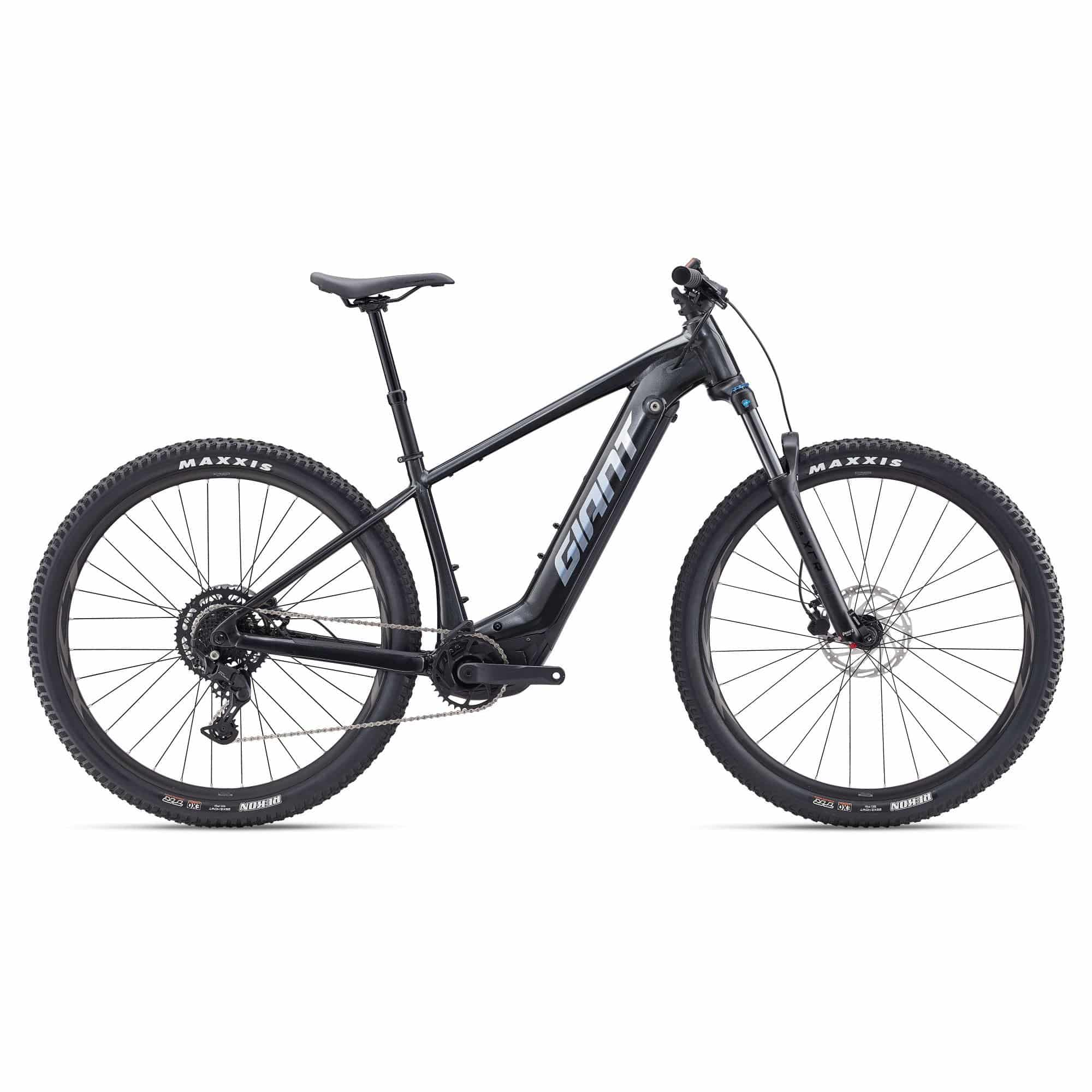 Giant Fathom E+ 2 e-Mountain Bike with 75Nm torque and 625Wh battery, showing the bike's frame and front wheel.