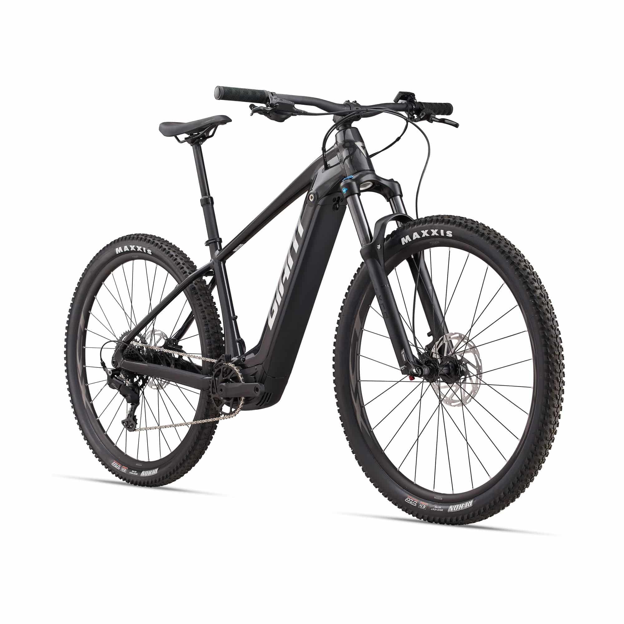 Giant Fathom E+ 2 e-mountain bike with 75Nm torque and 625Wh battery, shown with mountain trail and bike frame.