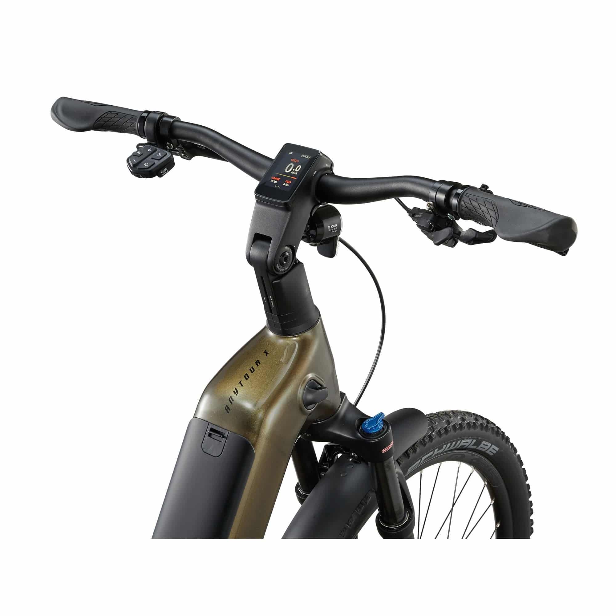 Giant AnyTour X E+ 3 e-hybrid bike with SyncDrive motor, integrated Ride Dash Evo navigation, black frame, and 25km/h speed.