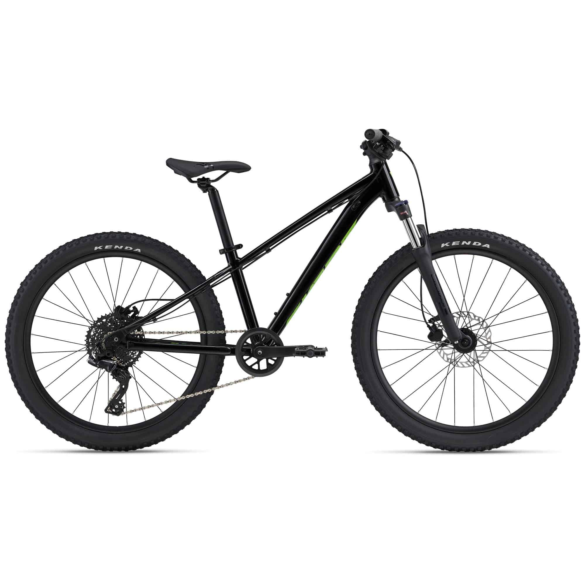 Giant STP 24 FS kids' bike with disc brakes and optional suspension fork, featuring a sturdy frame and colorful design.