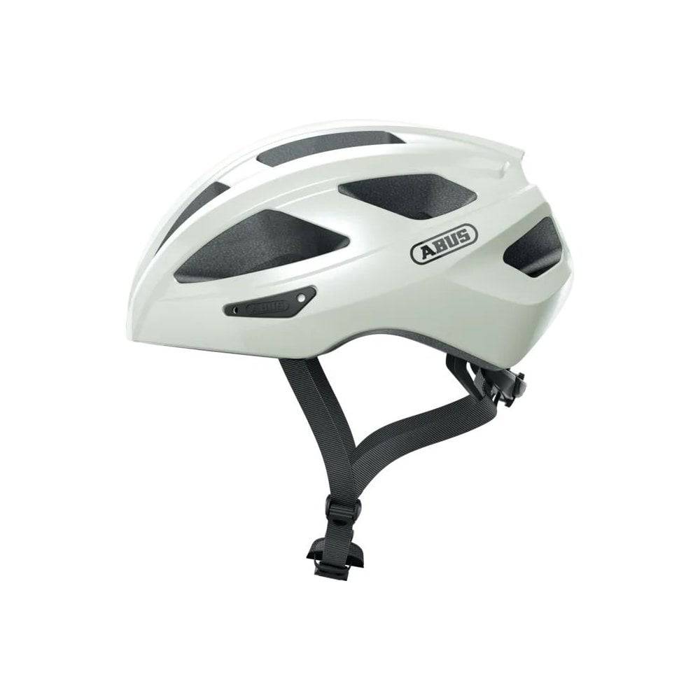ABUS Macator Pearl White M cycling helmet with sporty design and ventilation for comfortable outdoor riding.
